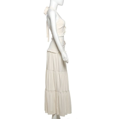 Halter ruffle backless solid maxi skirt set