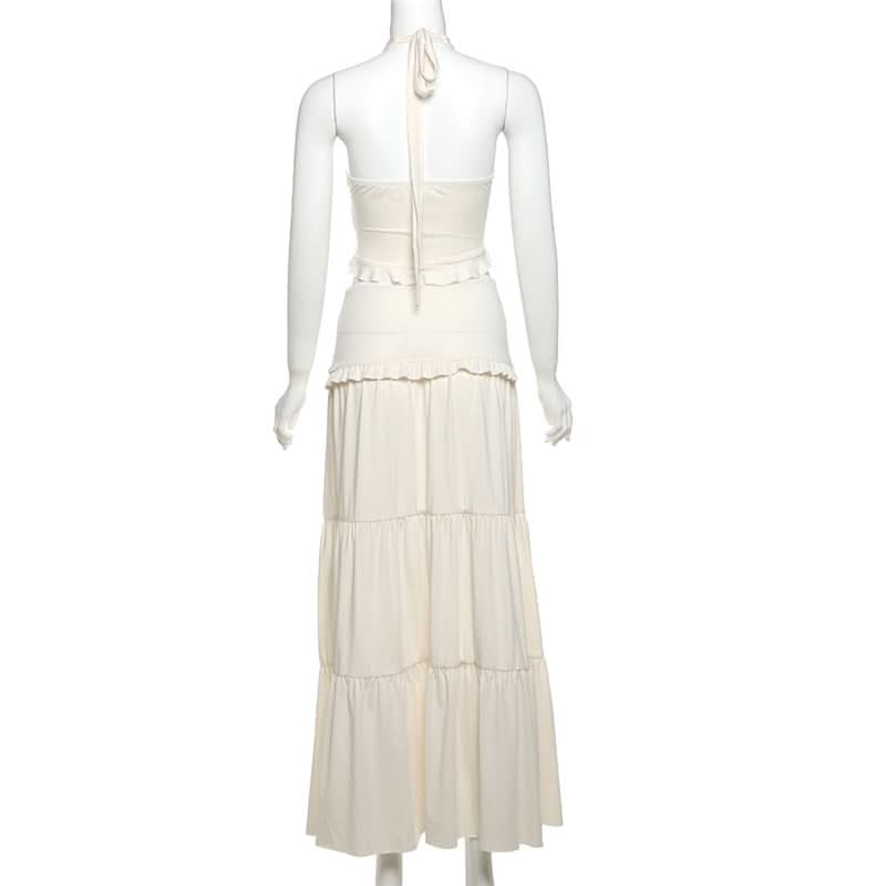 Halter ruffle backless solid maxi skirt set