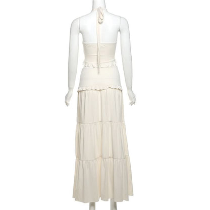 Halter ruffle backless solid maxi skirt set