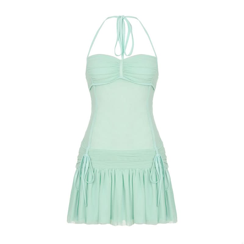 Halter drawstring ruched mesh mini dress
