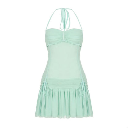 Halter drawstring ruched mesh mini dress