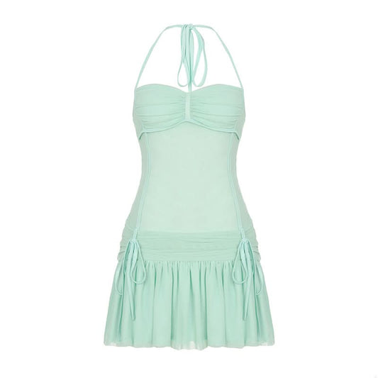 Halter drawstring ruched mesh mini dress
