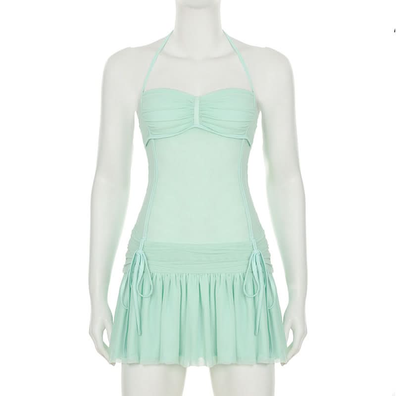 Halter drawstring ruched mesh mini dress
