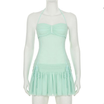 Halter drawstring ruched mesh mini dress