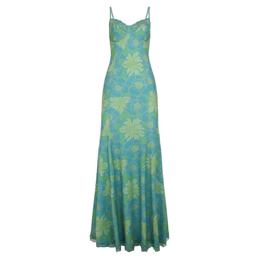 Flower print contrast lace hem cami maxi dress