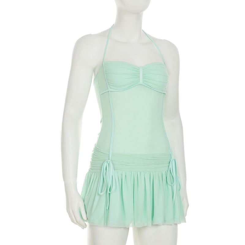 Halter drawstring ruched mesh mini dress
