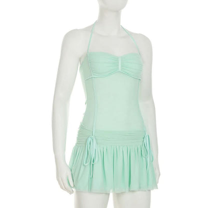 Halter drawstring ruched mesh mini dress