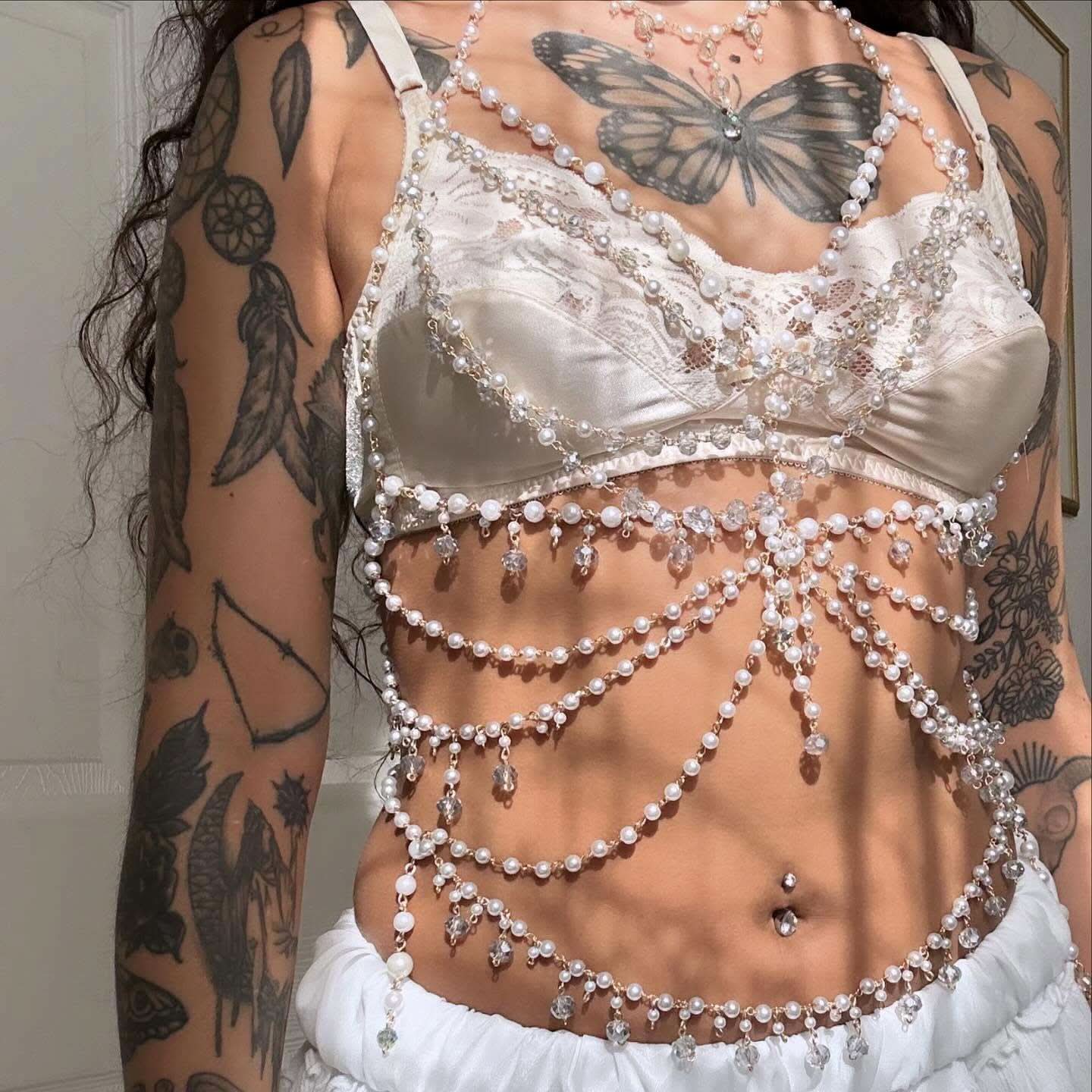 Faux pearl beaded body chain hollow out cut out top