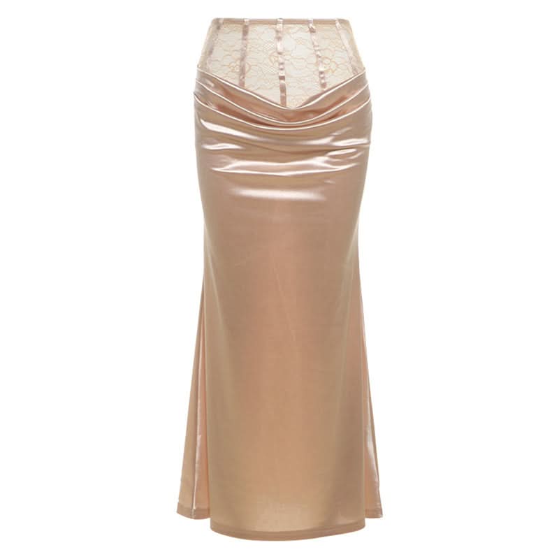 Satin lace patchwork ruched maxi skirt