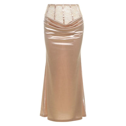 Satin lace patchwork ruched maxi skirt