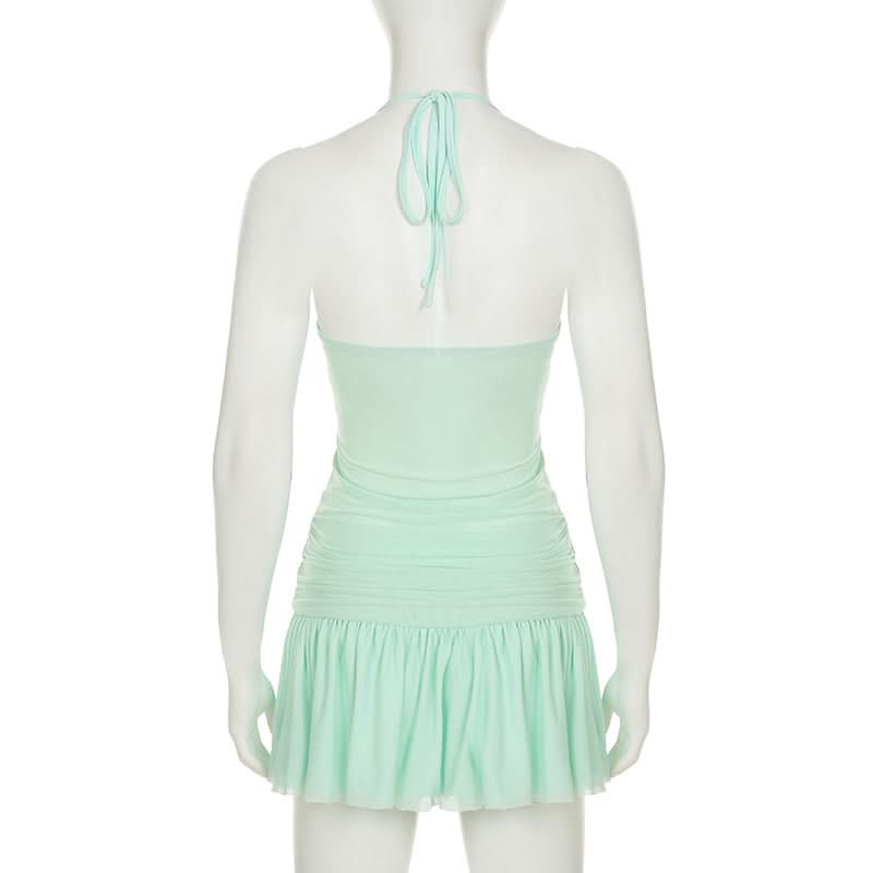 Halter drawstring ruched mesh mini dress