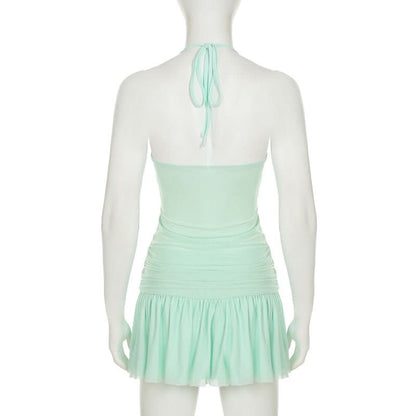 Halter drawstring ruched mesh mini dress