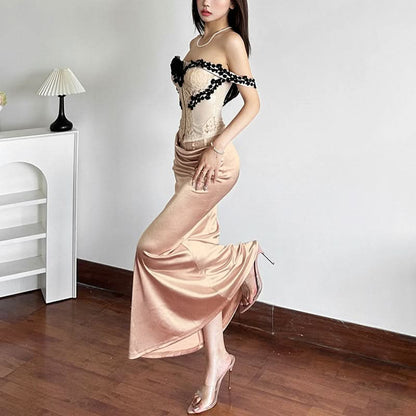 Satin lace patchwork ruched maxi skirt