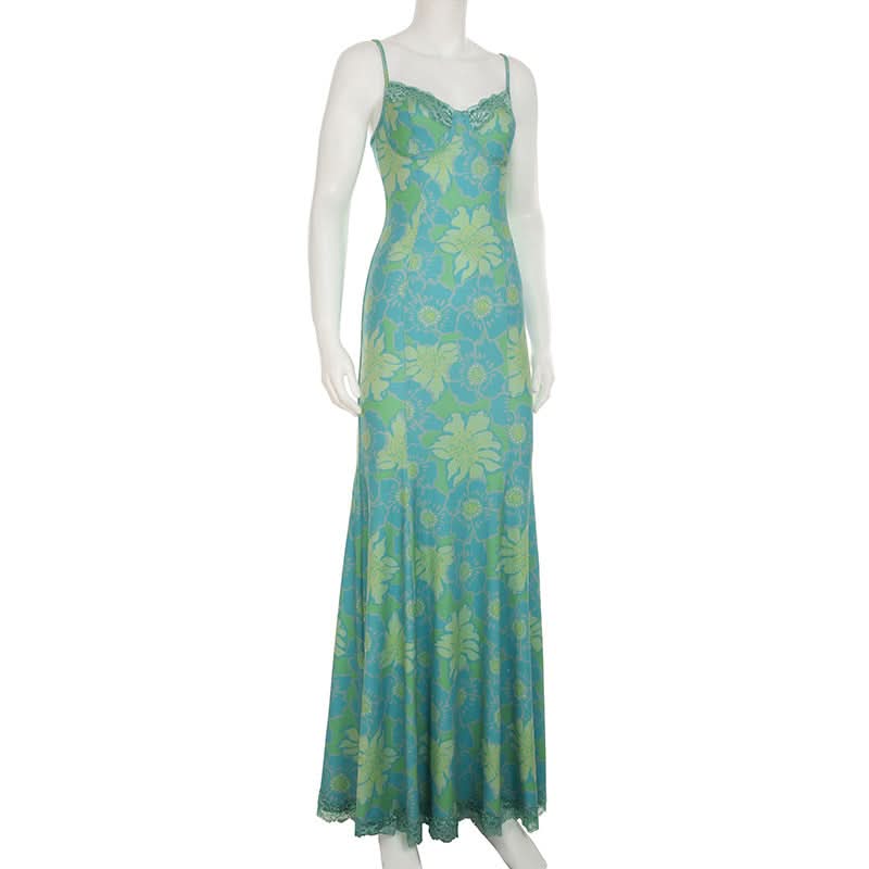 Flower print contrast lace hem cami maxi dress