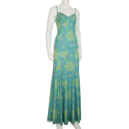 Flower print contrast lace hem cami maxi dress