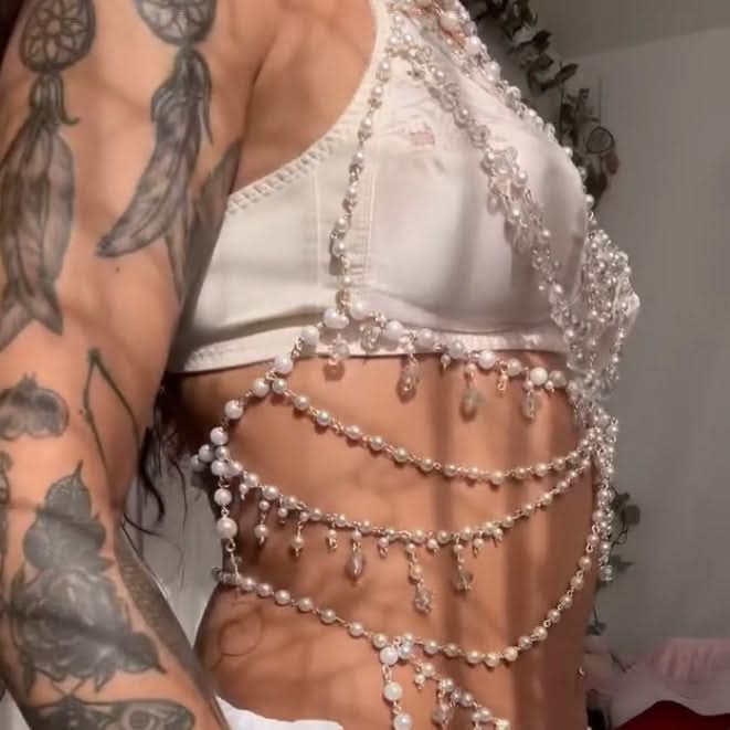 Faux pearl beaded body chain hollow out cut out top