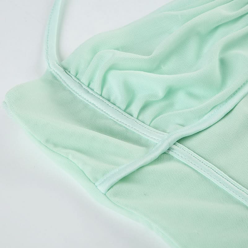 Halter drawstring ruched mesh mini dress