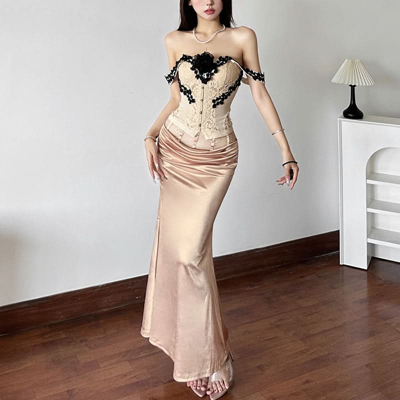 Satin lace patchwork ruched maxi skirt