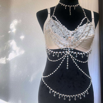 Faux pearl beaded body chain hollow out cut out top