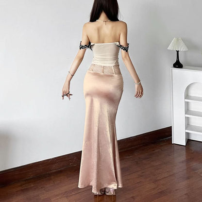 Satin lace patchwork ruched maxi skirt