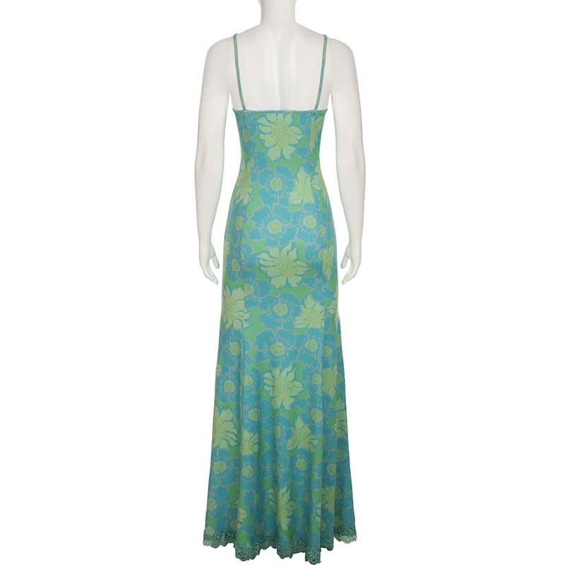 Flower print contrast lace hem cami maxi dress