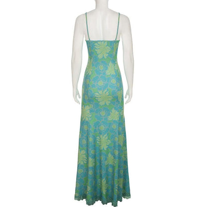 Flower print contrast lace hem cami maxi dress