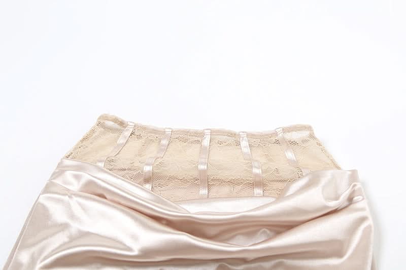 Satin lace patchwork ruched maxi skirt