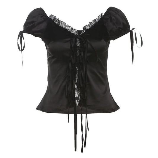 Self tie lace hem ruched top
