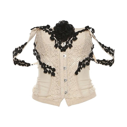 Off shoulder flower applique button top
