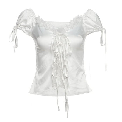 Self tie lace hem ruched top