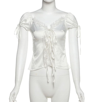 Self tie lace hem ruched top