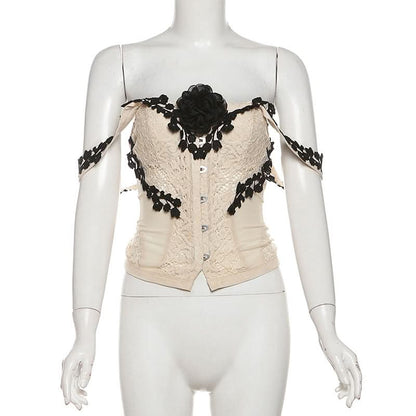 Off shoulder flower applique button top