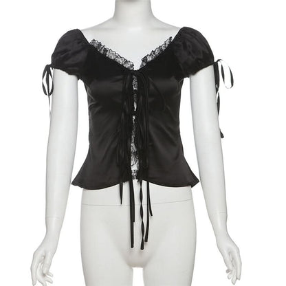 Self tie lace hem ruched top