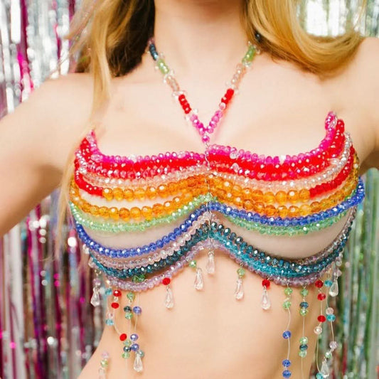 Beaded contrast halter hollow out tassels backless cami cut out top