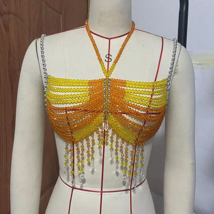 Beaded hollow out tassels backless cami cut out top