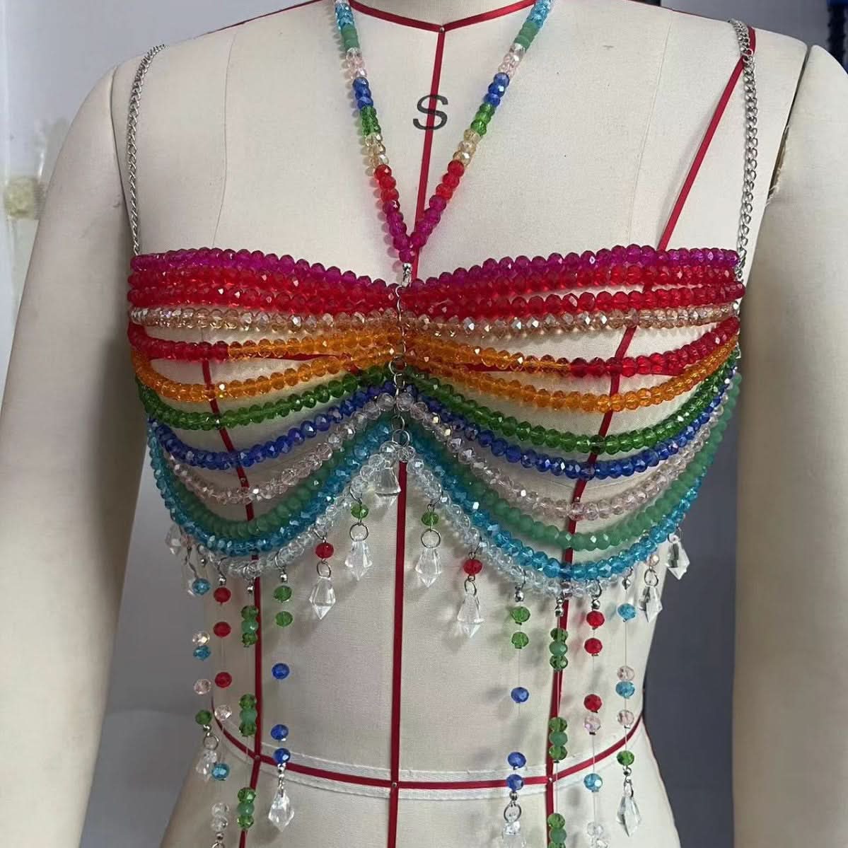 Beaded contrast halter hollow out tassels backless cami cut out top