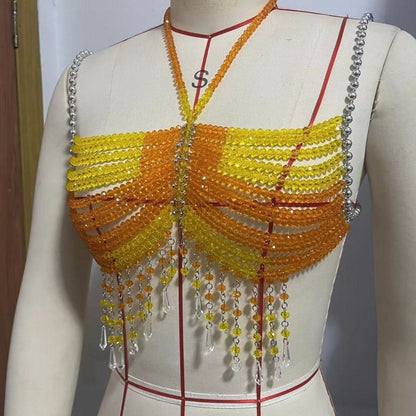 Beaded hollow out tassels backless cami cut out top