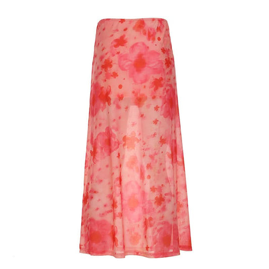 Flower print mesh maxi skirt
