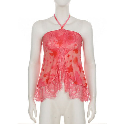 Halter lace hem flower print top