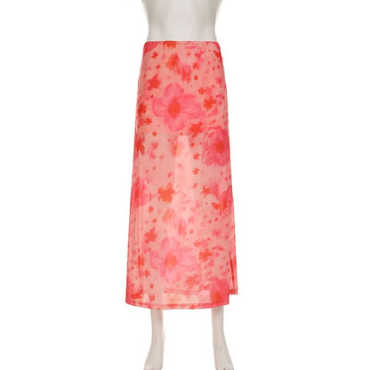 Flower print mesh maxi skirt