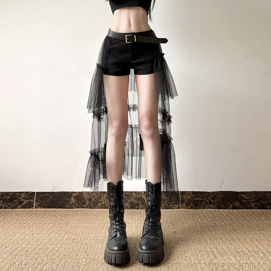 Mesh patchwork ruffle short pant