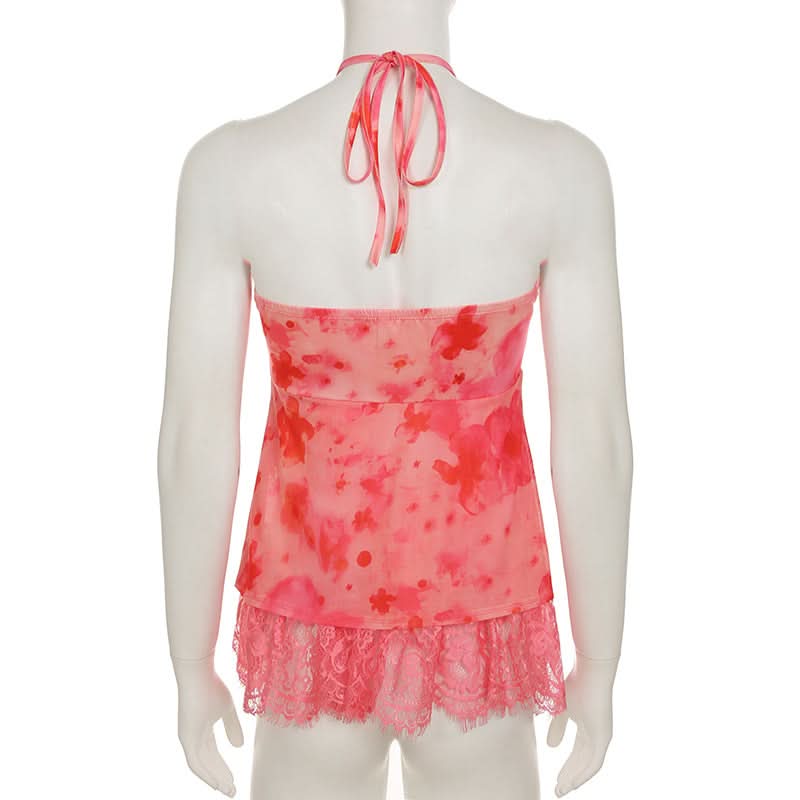 Halter lace hem flower print top
