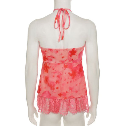 Halter lace hem flower print top