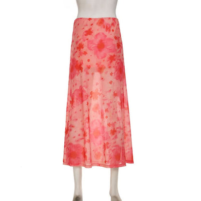 Flower print mesh maxi skirt