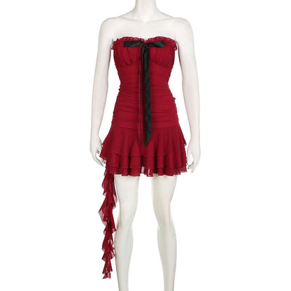 Bowknot ruffle mesh ruched mini dress