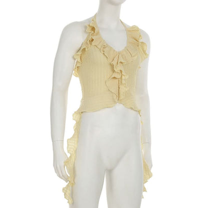 Halter ruffle irregular backless top