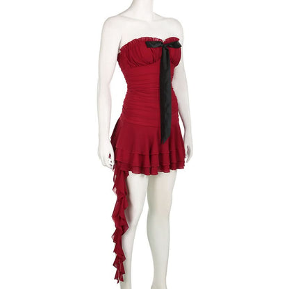 Bowknot ruffle mesh ruched mini dress