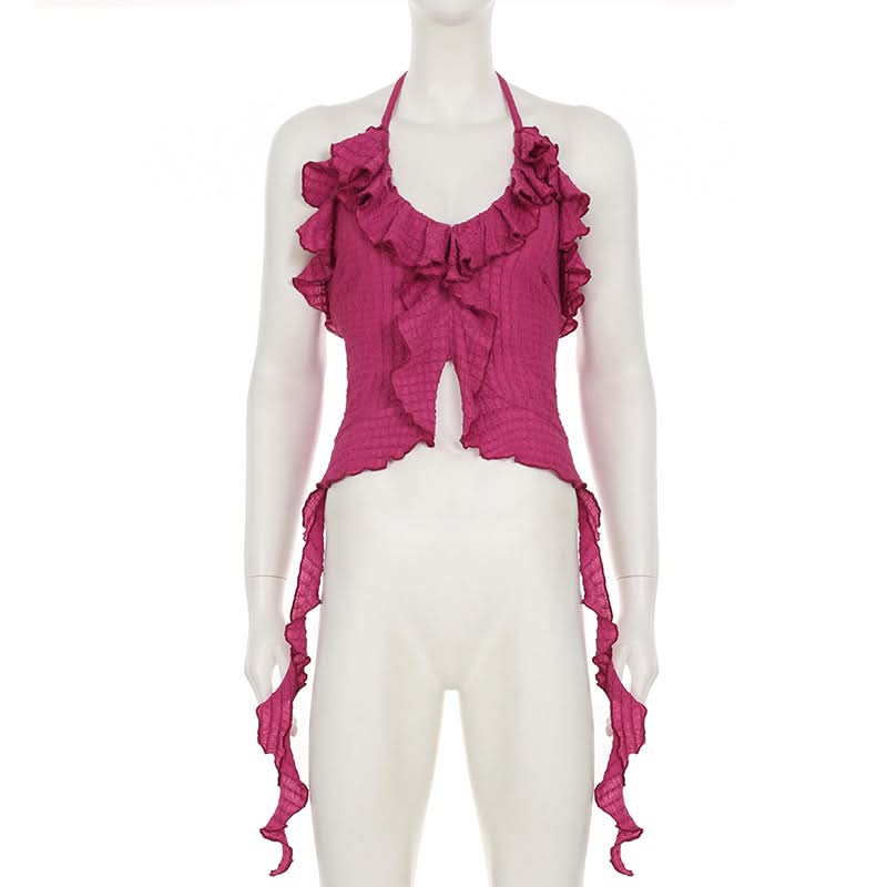 Halter ruffle irregular backless top