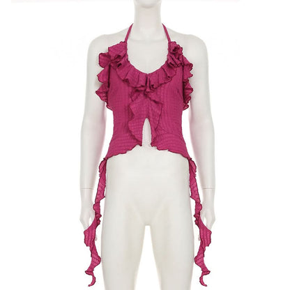 Halter ruffle irregular backless top