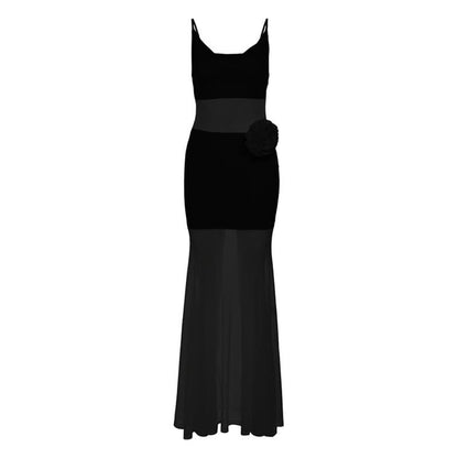 Cowl neck mesh flower applique cami maxi dress